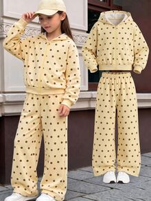 SHEIN 青少年女孩波點抓絨拉鍊連帽衛衣與運動褲2件套，可愛連帽衛衣與長褲休閒秋冬套裝 - 黃色 - 查看 2