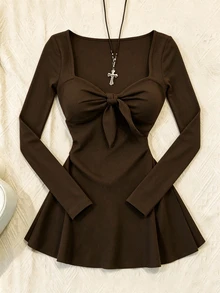 INAWLY Women's Solid Color Sweetheart Neckline Bowknot Long Sleeve Mini Dress - Coffee Brown - View 1
