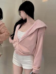 DAZY Women's Solid Color Thermal Lined Casual Versatile Hooded Long Sleeve Jacket - Pink - View 5