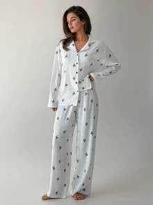 Livesso Women's All-Over Print Long Sleeve Top And Pants Casual Daily Home Sleepwear Set - White - View 3