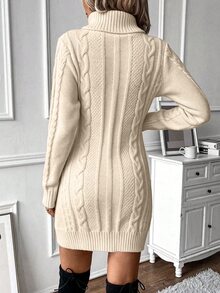 SHEIN 女款純色極簡高領長袖針織洋裝 秋冬女裝 - 米色 - 查看 2