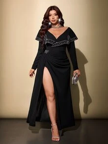 Viva Relle Plus Size Women's Rhinestone Decor Split Design Casual Party Dress - Black - View 3