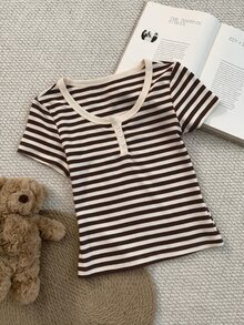 K-Vae Blue And White Stripe Large Scoop Neck Button Casual Short Sleeve Striped Top With Elastic Waistband Spring Summer Shorts Lounge - Coffee Brown - View 5