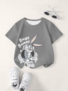 LOONEY TUNES X SHEIN Young Boy Letter Cartoon Print Casual Daily Short Sleeve T-Shirt - White - View 1