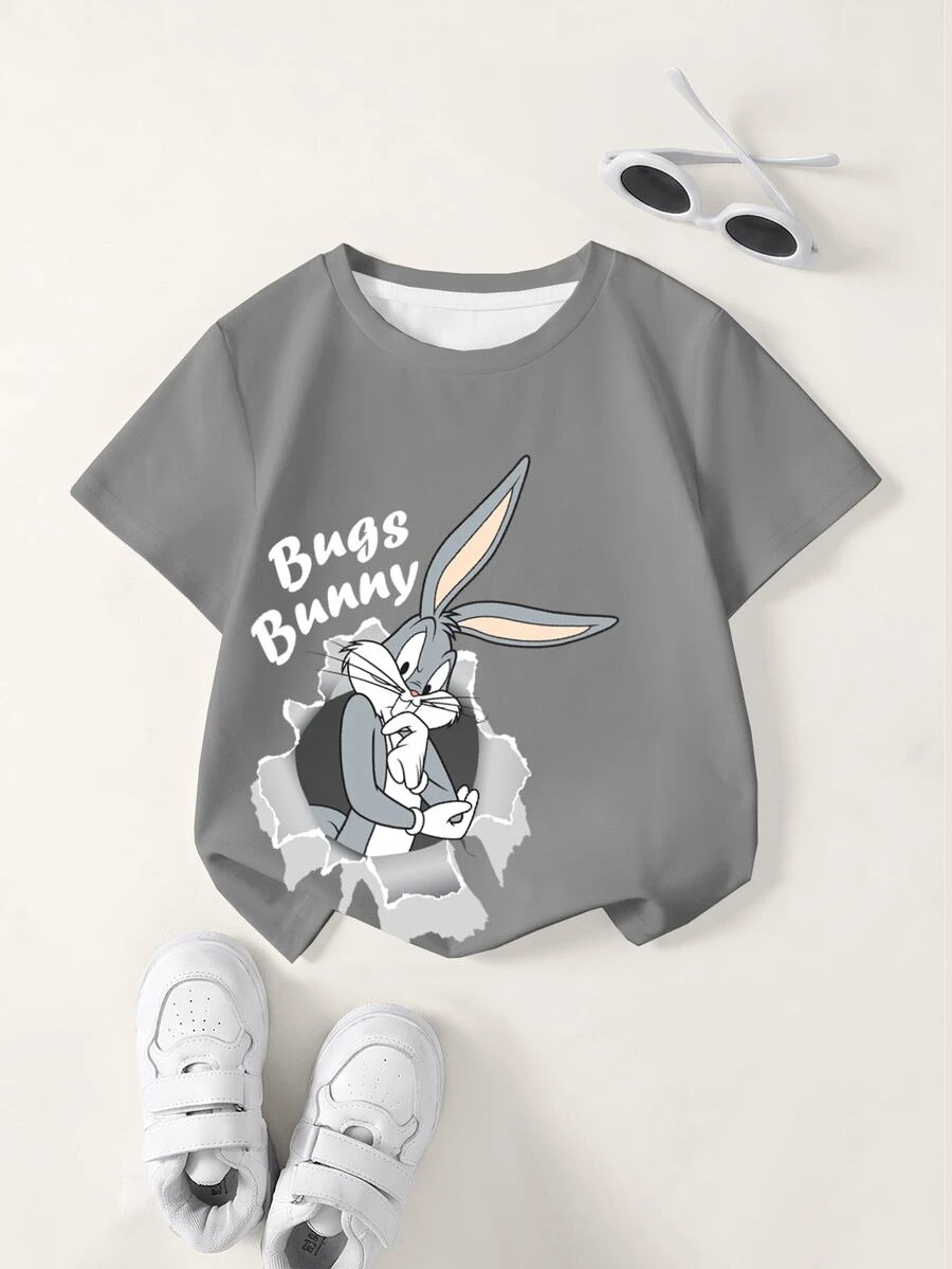 LOONEY TUNES X SHEIN Young Boy Letter Cartoon Print Casual Daily Short Sleeve T-Shirt - White - View 1