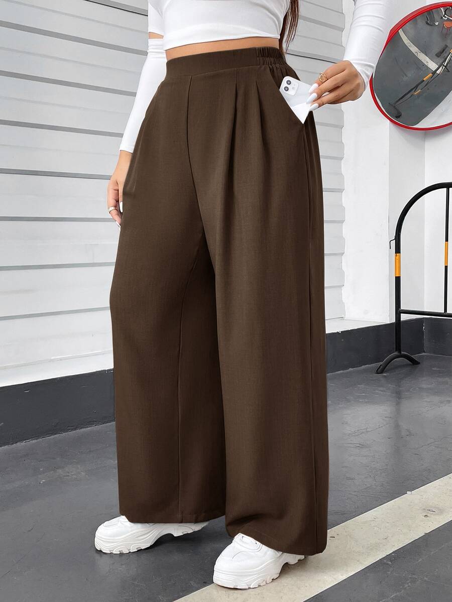 Shapeblank Plus Size Women's Plain Grey Wide-Leg Pants, Summer Smart ...