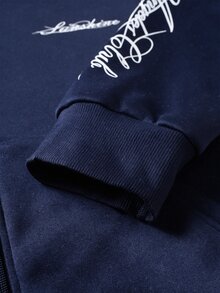 Zorclune 男士拉鍊連帽衛衣，時尚對比色手寫英文印花，雙層帽設計，黑色拉鍊連帽衫，寬鬆版型，休閒舒適百搭，適合外出、通勤、街頭風、旅行、度假、日常穿著 - 寶藍色 - 查看 7