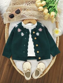 Souflis Souflis 女嬰花卉刺繡針織開襟毛衣，柔軟舒適鈕扣前開，蕾絲飾邊，甜美復古風幼兒秋冬款 - 墨綠色 - 查看 6