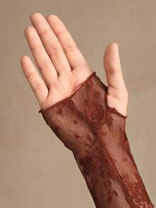 Anewsta Sexy Sheer Lace Long Sleeve Top - Burnt Orange - View 6