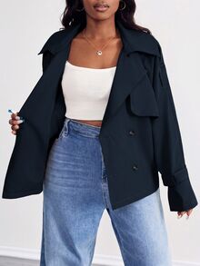 SHEIN PETITE CURVE 大尺碼女款純色插肩袖翻領休閒風衣，秋冬季 - 藏蓝色 - 查看 6