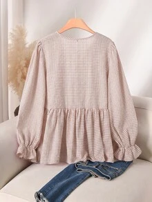 CosyJoli 大尺碼女款格紋長袖襯衫，1950年代復古服飾，對比色蕾絲飾邊秋季外套上衣，度假風黑白秋季上衣 - 杏色 - 查看 4