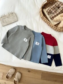SHEIN 1pc Baby Boy Pullover Sweatshirt Preppy Red Blue Grey Letter Patch Ribbed Patchwork Long Sleeve Mock Neck Thickened Holiday Fall Jogging Cozy Basic - Navy Blue - View 11