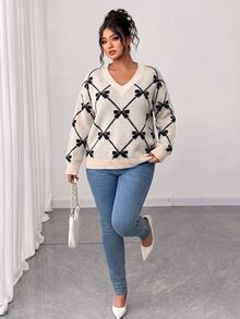 Elenzga Plus Size V-Neck Pullover Long Sleeve Sweater, Argyle Bow Soft Knit Loose Top, Autumn/Winter - Apricot - View 6