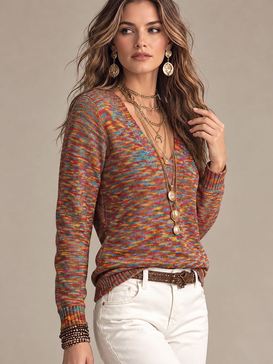 Trelyra European & American Vintage Colorful Yarn V-Neck Knitted Sweater, Versatile Casual Long Sleeve Color-Block Pullover Base Layer Top, Daily Commute Autumn/Winter - Multicolor - View 1