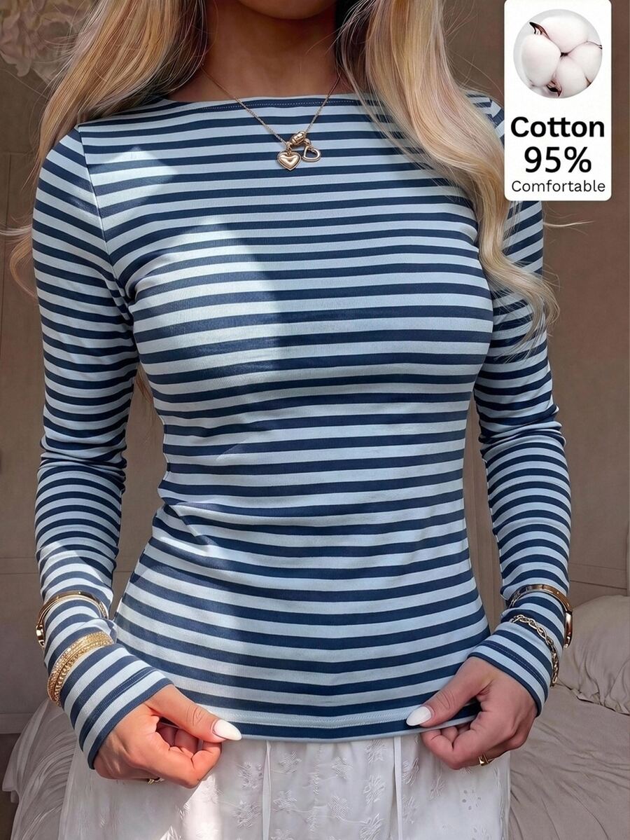 CovetEZ 女款條紋休閒日常長袖T恤 - 藏蓝色 - 查看 1