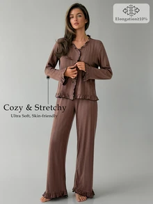 DAZY Women's Frill Trim Single-Breasted Top And Long Pants Pajama Set - Brown - View 4