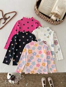 4件組少女針織花卉愛心圖案印花荷葉領休閒長袖T恤上衣，適合秋冬穿著，返校休閒素色基本修身款上衣 - 彩色 - 查看 2