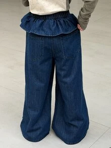 Dazy Kids Tween Girl) Straight Leg Casual Washed Denim Jeans With Frill Trim And Patchwork Design, Autumn/Winter - Blue - View 2