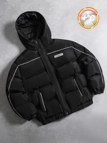 SHEIN 兒童青少年男孩休閒保暖內裡加厚外套，秋冬絎縫外套，冬季外套，派克大衣，填充外套，填充外套，絎縫外套 - 黑色 - 查看 2