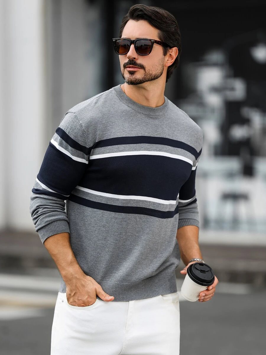 Marcello Vane Men's Versatile Striped Contrast Color Long Sleeve Sweater - Grey - View 1