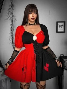 Whyspr Harley Quinn X SHEIN Plus Size Y2K Pom Pom Drawstring Contrast Color Dress - Red - View 7