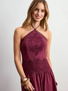 Willow Rêve Women's Embroidered Lace Halter Neck Asymmetrical Hem Dress - Red Plum - View 4