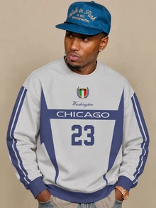 Manfinity Hypemode Men's American Vintage Round Neck Sweatshirt, 23 Number & Letter Print Contrast Stripe Casual Streetwear Long Sleeve Top - Multicolor - View 6