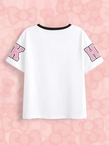 HELLO KITTY AND FRIENDS | SHEIN تي شيرت بأكمام قصيرة مطبوع بنمط كرتوني لطيف للفتيات المراهقات - أبيض - مشاهدة 8