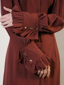 Aveloria Modichic Dress A-Line Textured Woven Organ Pleated Button Ruffle Cuff Belted Slit Elegant Burgundy Solid Shirt Dress Maxi Vintage Commuter Christmas - Rust Brown - View 2