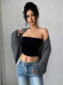 Elenzga Damen Off-White leichte Cut Out Fledermaus-Ärmel Strick-Cardigan, weich hautfreundlich Sommer lässig Alltag vielseitig für Urlaub, Party, Arbeit - Dunkelgrau - Übersicht 7