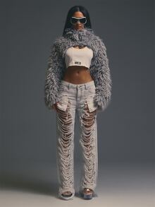 MUSERA Grey Faux Fur Frill Detail Extreme Crop Top Jacket Outfits Evening Fall Autumn Winter Halloween Party Going Out Concert Rave Disco Graphic Camo Sexy - Grey - View 2