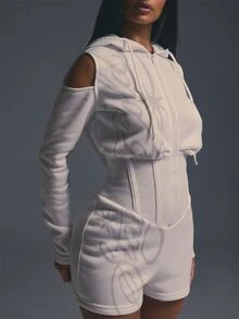 MUSERA White Graphic Corset Detail Long Sleeve Cold Shoulder Zip Front Hooded Romper, Fall Autumn Halloween Party Going Out Concert Rave Disco Graphic - White - View 5