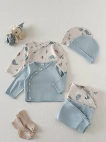 SHEIN 新生兒圓領長袖上衣與長褲休閒日常套裝 - 彩色 - 查看 3