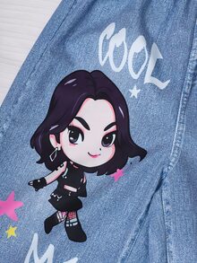 SHEIN 青少年女孩冬季 K-Pop 圖案 3 件套，露肩短版運動衫、細肩帶背心、寬腿牛仔褲，休閒街頭風沙灘風，白色黑色 - 彩色 - 查看 5