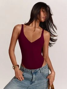 SHEIN BAE 女款純色修身百搭日常穿著連身衣 - 酒紅色 - 查看 1