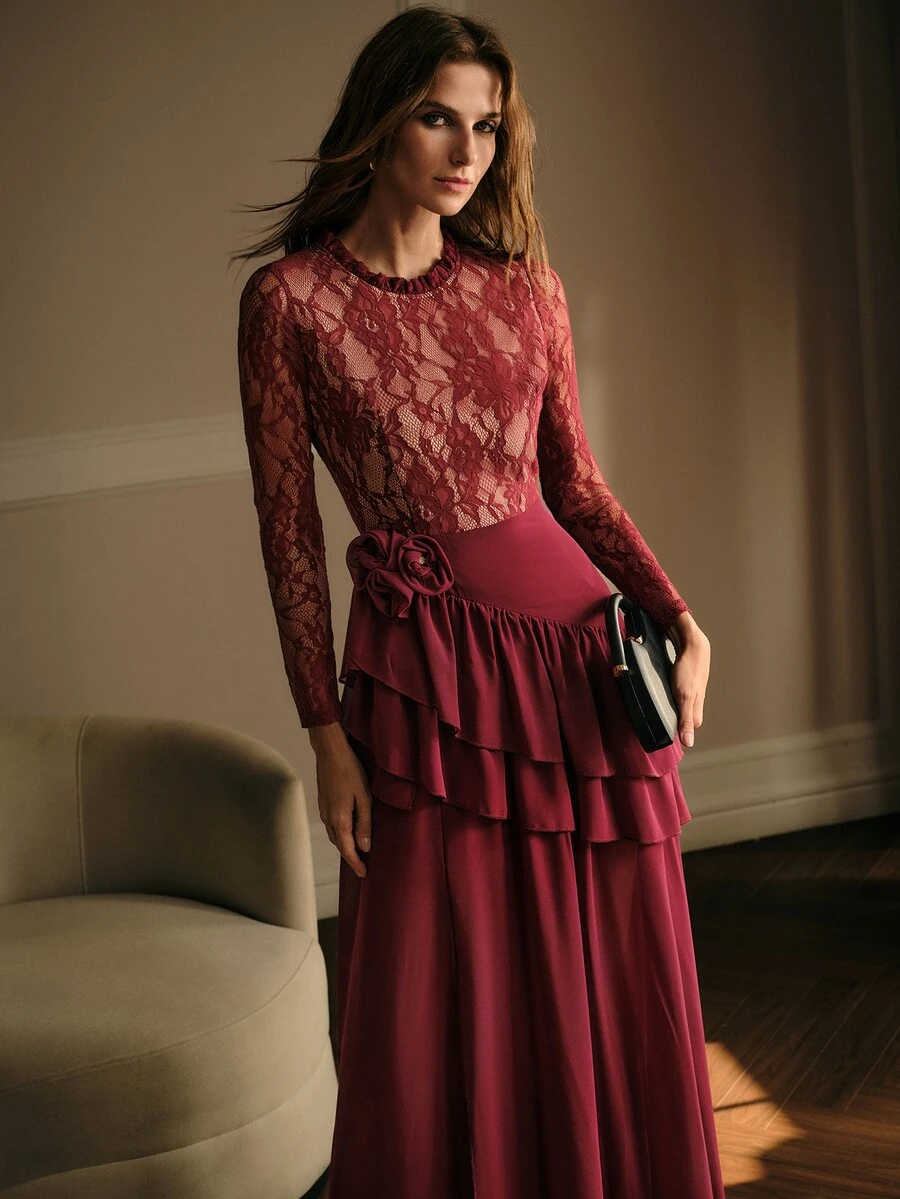 MOTF PREMIUM WOMEN'S LACE PATCHWORK 3D FLORAL DECOR CASUAL PARTY LONG DRESS - Burgundy - View 1