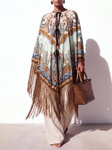 Zivah New Elegant Women's Oversized Multi-Color Printed Shawl Collar Kimono Cover Up With Tassels, Versatile For Beach, Vacation, Commute And Multiple Occasions - Multicolor - View 7