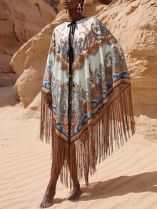 Zivah New Elegant Women's Oversized Multi-Color Printed Shawl Collar Kimono Cover Up With Tassels, Versatile For Beach, Vacation, Commute And Multiple Occasions - Multicolor - View 5