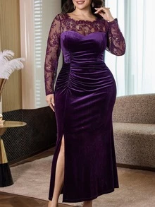 Feyla Women's Plus Size Elegant Lace Side Slit Dress - Purple - View 5