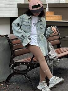 Dazy Kids 青少年女孩標語印花彈性腰休閒修身緊身褲 - 卡其色 - 查看 5