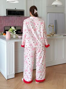Slumberry CURVE Sweet & Cute Pajama Set, Lovely Girl Bow & Heart Print Pajama Set, Romantic & Elegant Plus Size Pajama Set - Multicolor - View 2