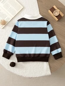 SHEIN 男童休閒條紋印花POLO領長袖衛衣，休閒學院風POLO衫，長袖半開襟前襟可愛設計衛衣 - 棕色 - 查看 2