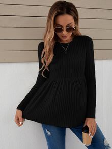 SHEIN Kaos Hamil Kasual Warna Polos dengan Hiasan Ruffle di Bagian Bawah, Bahan Rajut, Lengan Panjang, Motif Piala Dunia Musim Gugur - Hitam - View 3