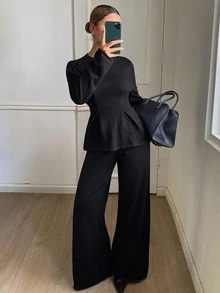 DAZY Women's Solid Color Long Sleeve Top And Pants Casual Daily Knit 2 Pieces Set - Black - View 1