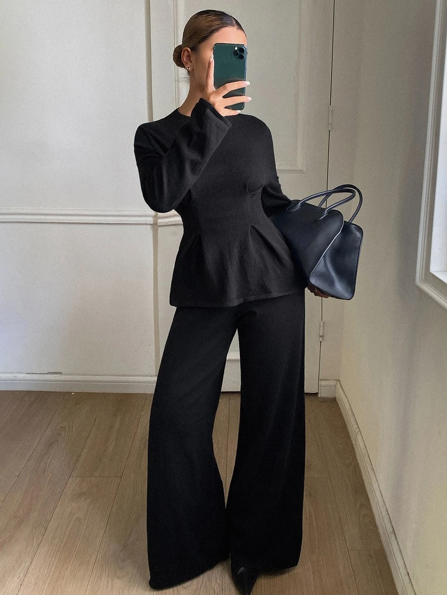 DAZY Women's Solid Color Long Sleeve Top And Pants Casual Daily Knit 2 Pieces Set - Black - View 1