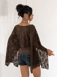 EgrlEra Sexy Lace Hollow Out Pullover Shrug Top, Tight Backless Camisole Tank Top 2pcs Set - Brown - View 2