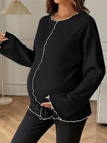Dazy Maternity Contrast Color Ruffle Wave Hem Loose Long Sleeve Bell Sleeve Casual Vacation Korean Style Spring Autumn Maternity T-Shirt - Black - View 4