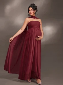 Cheriluna Maternity Elegant Ruffle Detail Solid Color Off-Shoulder Sleeveless Maternity Dress For Baby Shower, Christmas Party - Burgundy - View 7