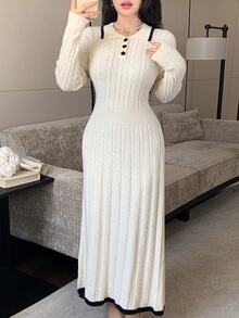 Modelyn Women's Colorblock Polo Collar Long Sleeve Cable Knit Elegant Dress - Apricot - View 3