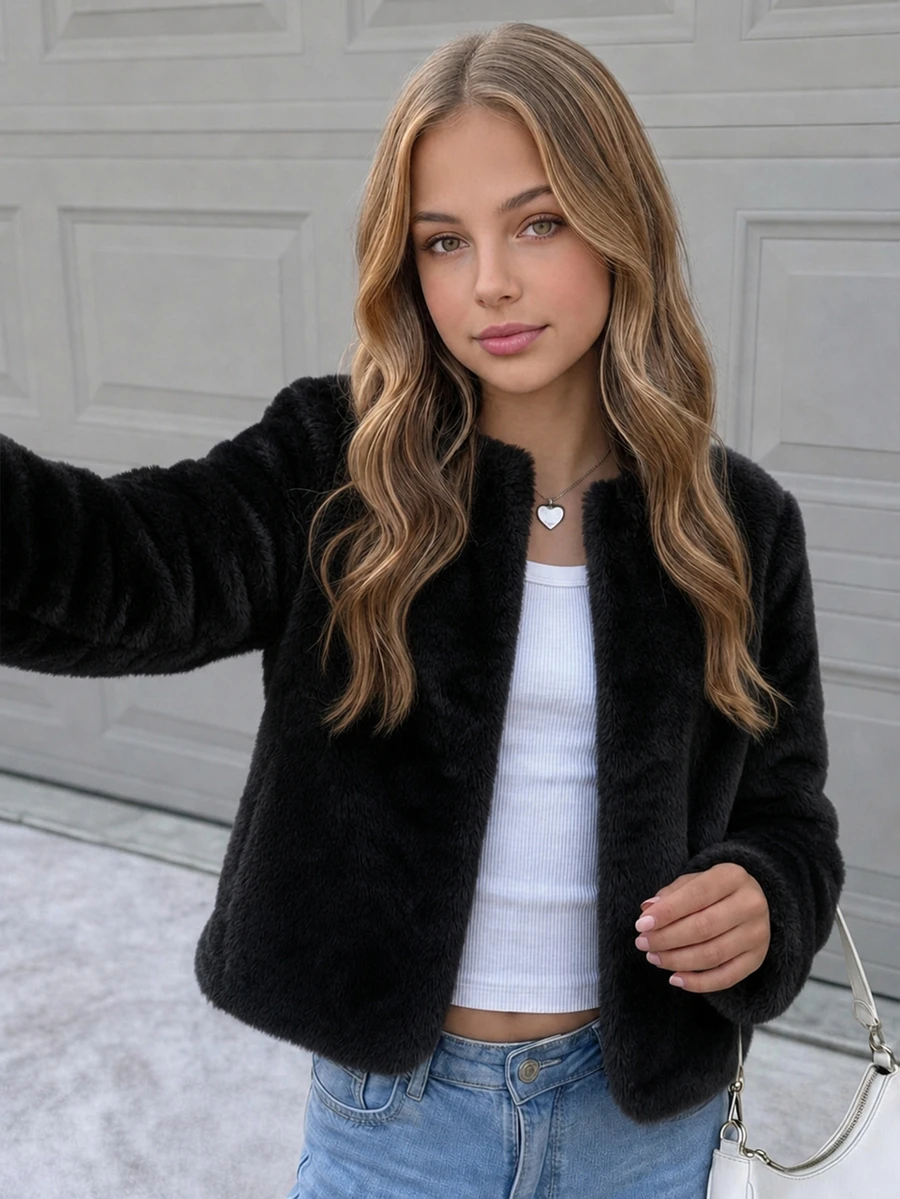 SHEIN Teen Girl Minimalist Faux Fur Jacket, Suitable For Party And Outdoor Wear, Autumn/Winter - Black - View 1